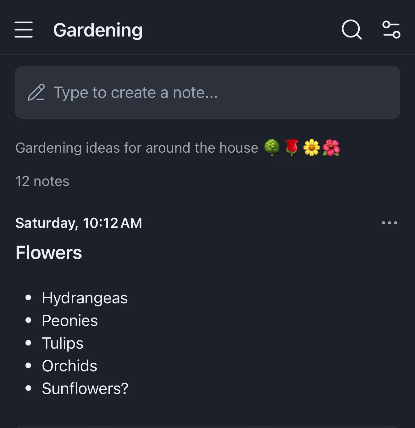 A gardening branch in dark mode, showing its description and a note with a bullet list.