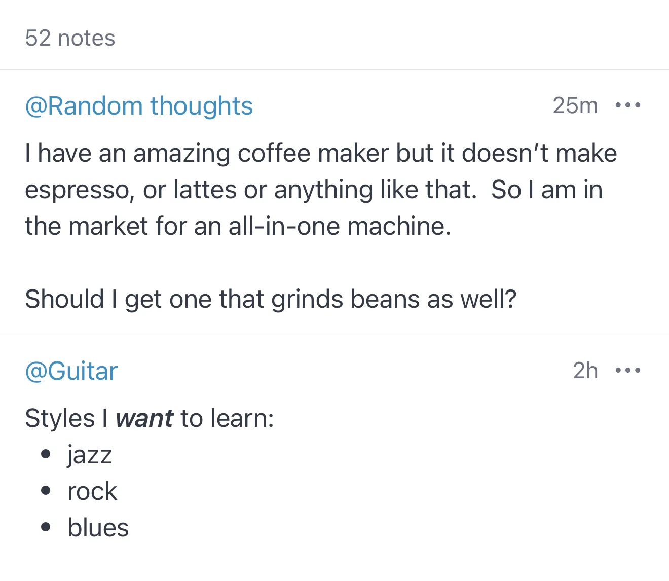 Three consecutive notes in the Home feed, each tagged with a different branch.