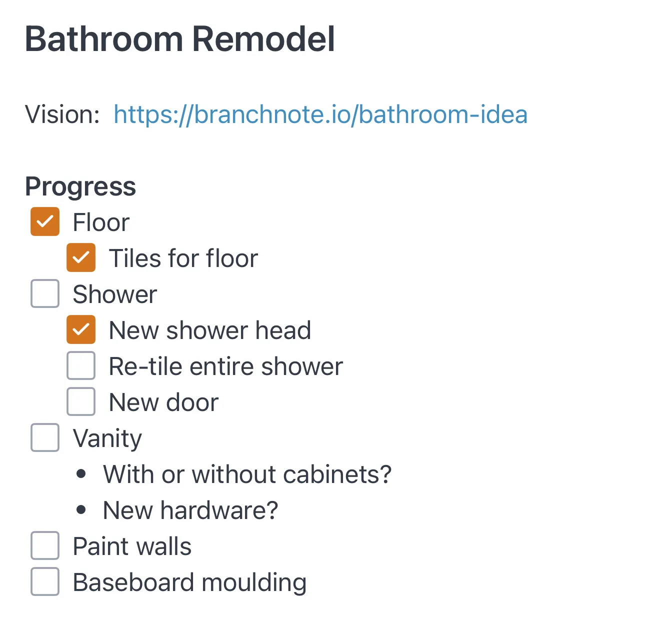 A note showing a title, an inline link, a heading and nested checkboxes.