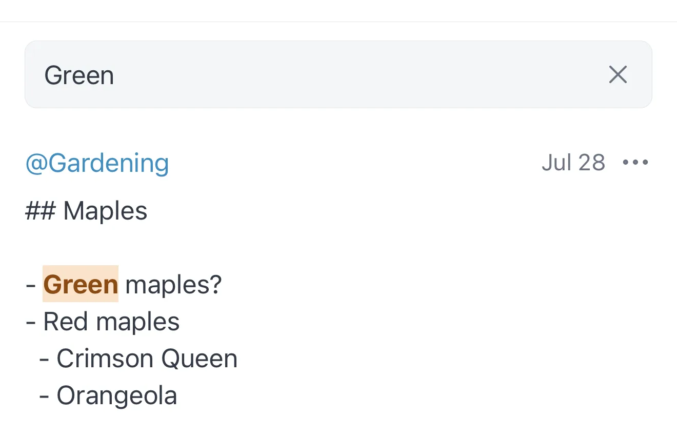 A search for the word green, with the match highlighted inside a note from the Gardening branch.