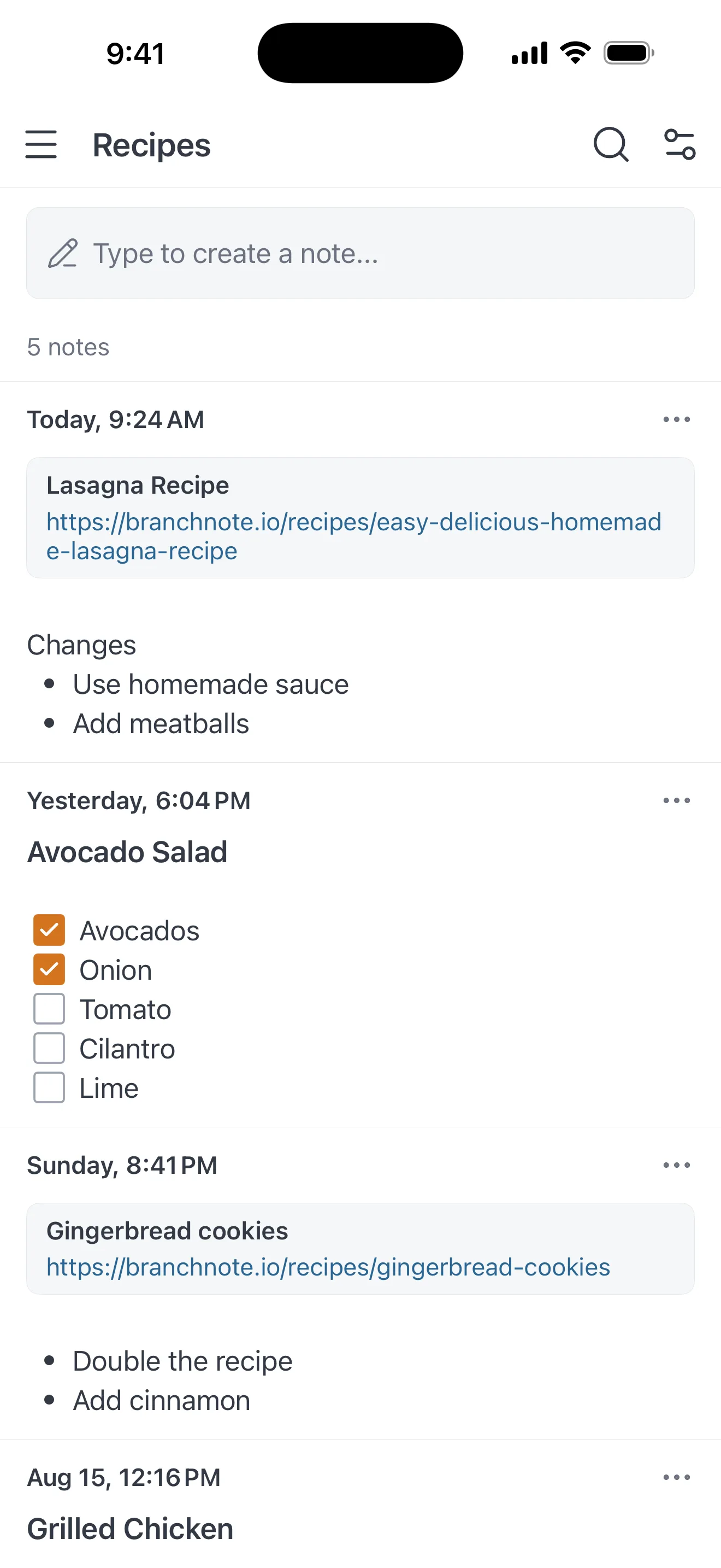 branchnote on iPhone, showing a Recipes branch with notes for a lasagna recipe, an avocado salad checklist and gingerbread cookies.